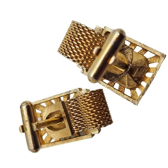 Vintage Swank Cufflinks Gold Tone Mesh Wrap Green Glass Stone Retro 60s Designer - Picture 6 of 7